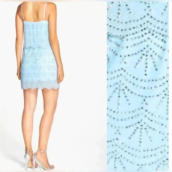 Xscape Rhinestone Beaded Tiered Formal Mini Dress Light Aqua Prom Homecoming 2 - Picture 3 of 16